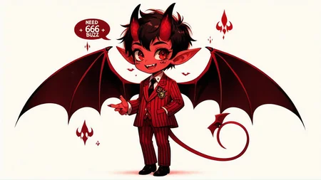 "Need 666 Buzz" written across the top, imp, horns, tail, cute, mischievous, formal suit, bat wings, red theme, detailed rendering,