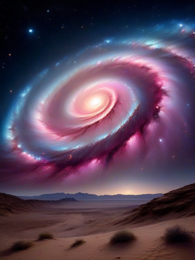 galaxy, (masterpiece), (extremely intricate:1.3), (realistic),a scene of a desert at night, in the sky a spiral pink galaxy, dark scene, realistic, 4k, masterpiece
