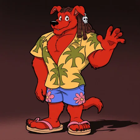 masterpiece, ultra detailed, amazing quality, absurdres, very aesthetic, no humans, solo focus, male focus, furry male, 1boy, 
d_w0lf_mon, red fur, red body, body fur, elbow tuft, brown hair, dreadlocks, brown eyes, long snout, black nose, single earring, skull earring, smile, fangs, looking at viewer, closed mouth, wide-eyed, facial hair, chin tuft, wrinkles, mature male, droopy ears, muscular, chest tuft, pectoral cleavage, yellow shirt, collared shirt, hawaiian shirt, palm tree print, short sleeves, partially unbuttoned, blue shorts, swimming trunks, floral print shorts, hand up, waving, finger claws, arm at side, tail, standing, cocked hip, contrapposto, sandals, toe claws, perfect hands, perfect feet, 5 fingers, 4 toes, from front, 
BREAK 
simple background, gradient background, perfect lighting, shadow,
