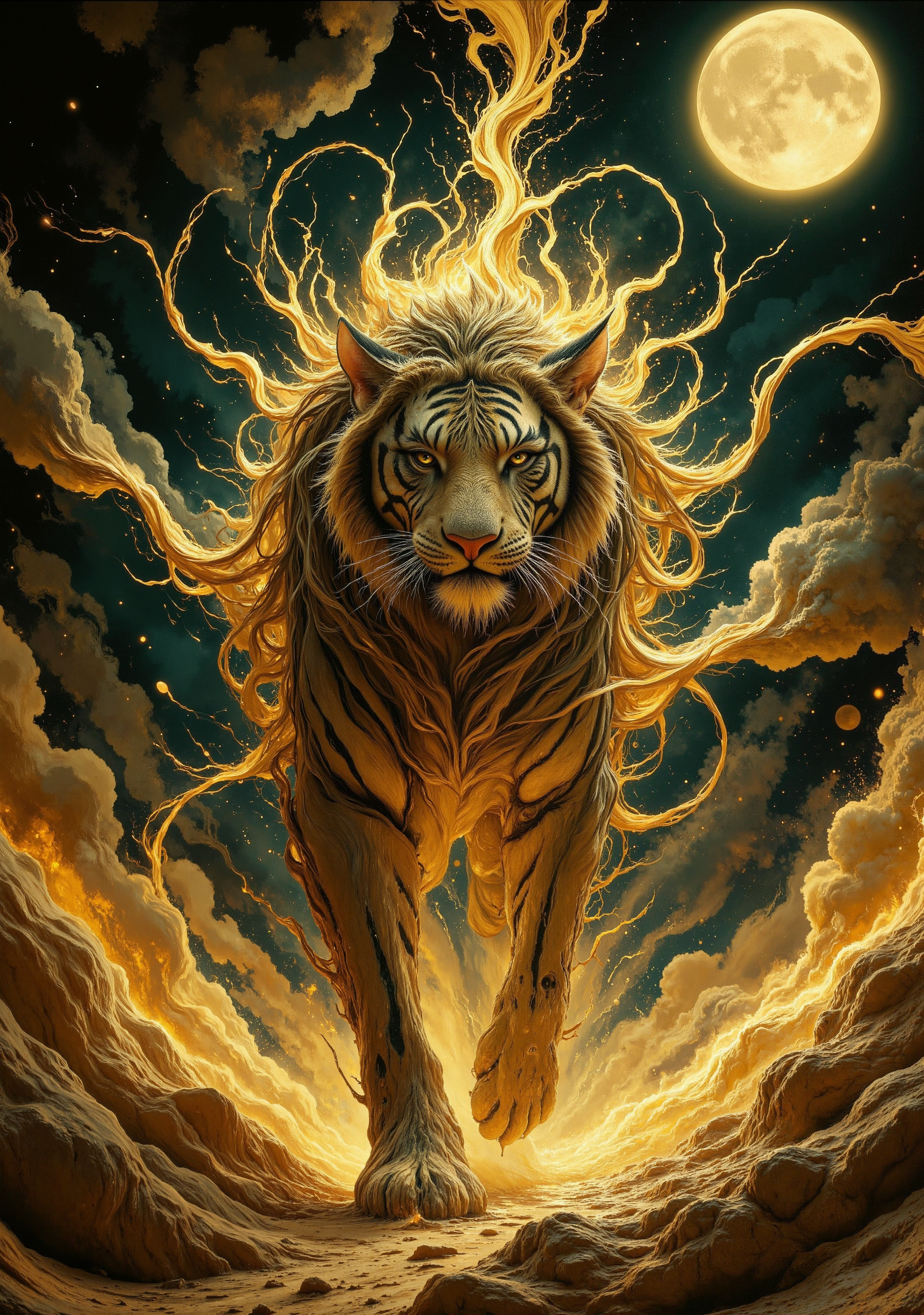 The digital work is a surrealistic depiction of a fantasy scene in the genre of mythical beasts. In the center of the artistic composition stands a majestic tiger - a mythological creature, who is the god of time Tempus. His majestic body shimmers with gold, and his fur seems to be woven from sand and sunlight. The stripes of this tiger are a rich green color, like emeralds woven under the skin. His stern face is framed by a majestic and long mane, fluttering in the wind in smooth wavy curls that disappear from sight in an immaterial space. His powerful paws, also dotted with green stripes, firmly step through the air, creating a magical space of flowing golden sand beneath them. He walks across the night sky towards the moon, stepping on it as if it were a solid surface, and illuminating everything around him like the sun. His head is decorated with four golden horns, symbolizing his unearthly origin. We look at this beast from below, as if it were a pure deity, walking across the sky and showering the mortal earth with a waterfall of golden sand, which pours from its outstanding mane.


volumetric lighting, cinematic lighting, aesthetic design, dramatic angle, (((dutch angle))), low angle, dramatic framing, cinematic framing, posing at an angle, extremely sharp focus, unique artistic composition, hight reflection, (maximum ultra-high definition image quality and rendering:3), maximum image detail, maximum realistic rendering, strong reflection