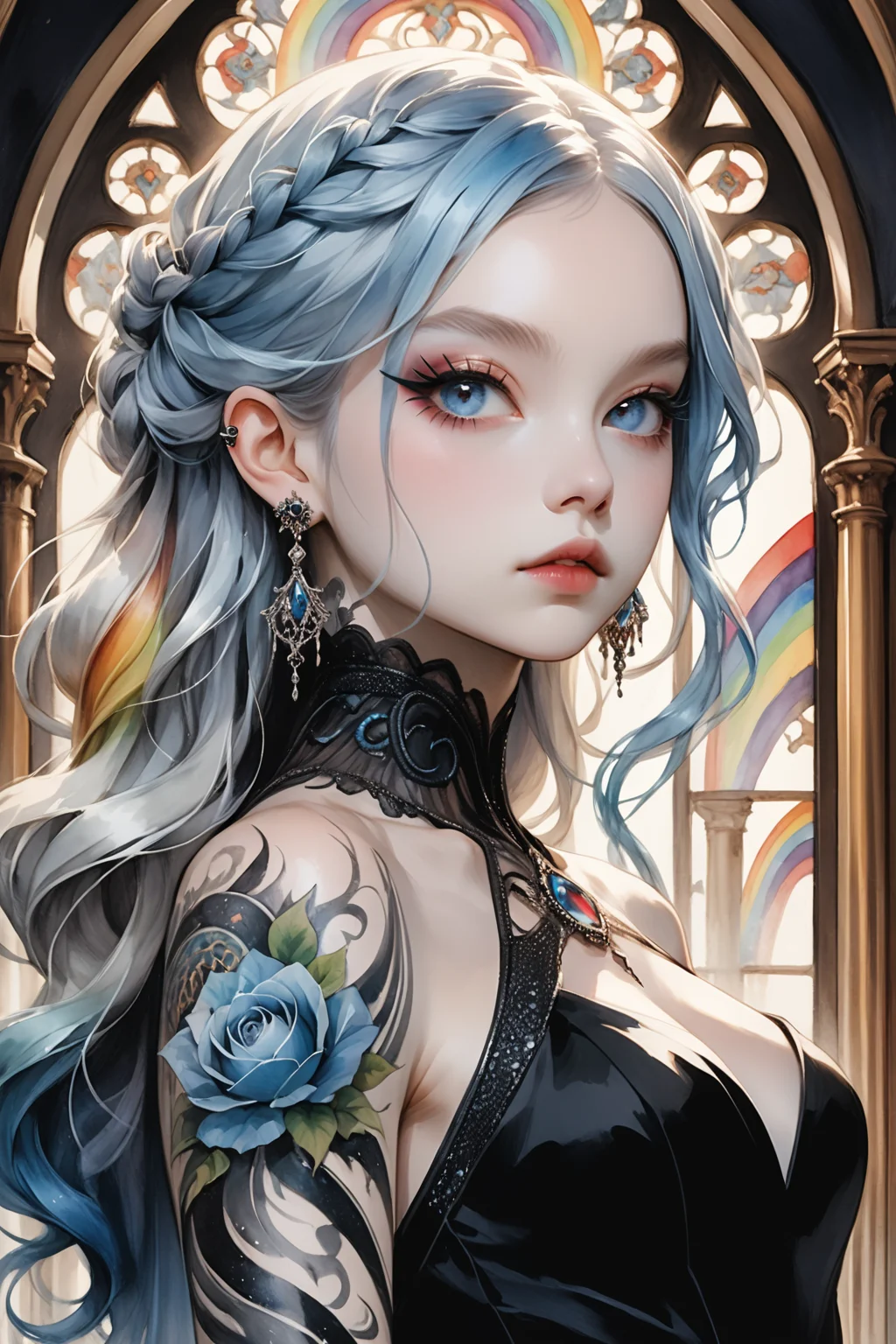 A youthful and elegant European teenage beauty with porcelain skin and long eyelashes poses confidently in a flowing white and black gown at a high-end cocktail party. Her light blue hair cascades down her back like a river of night sky, adorned with BioInk rainbow tattoos on her arms. She wears silver earrings that catch the colorful wavelengths of light, reflecting off her delicate features. The Gothic-inspired costume is expertly painted in watercolor and gouache, showcasing lifelike texture and mastery. The dark art style accentuates her beauty, as she exudes a lively aristocratic vibe amidst the luxurious backdrop.