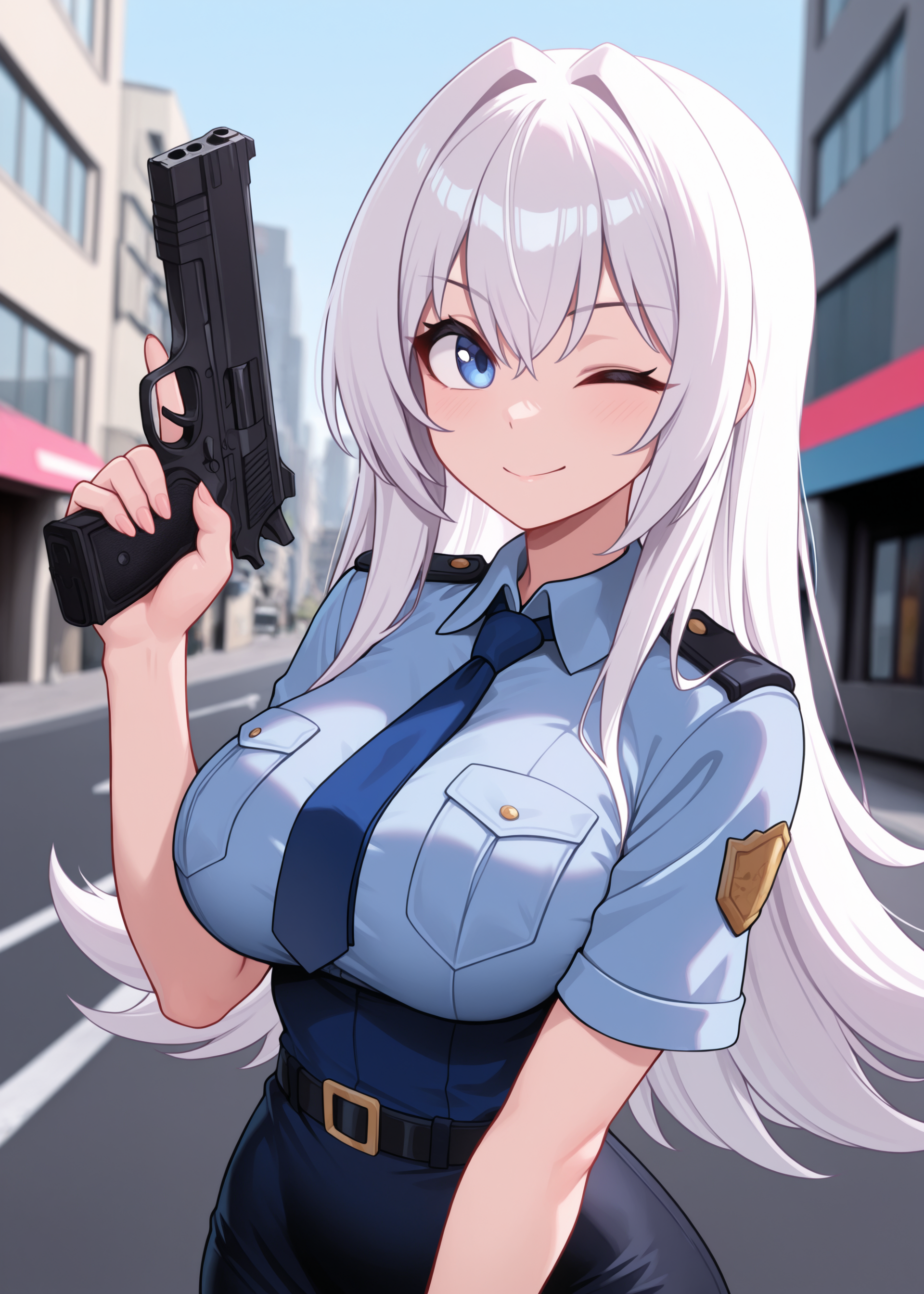 1girl, <lora:twoearle_sn74:0.9>, twle, white hair, police clothing, short sleeves, blue tie, black pencil skirt, holding pistol, (looking at viewer):1.1, finger on trigger,
wink, urban background, buildings, road, depth of field, upper body,
high resolution, ultra-detailed, absurdres, masterpiece, best quality, good quality, newest