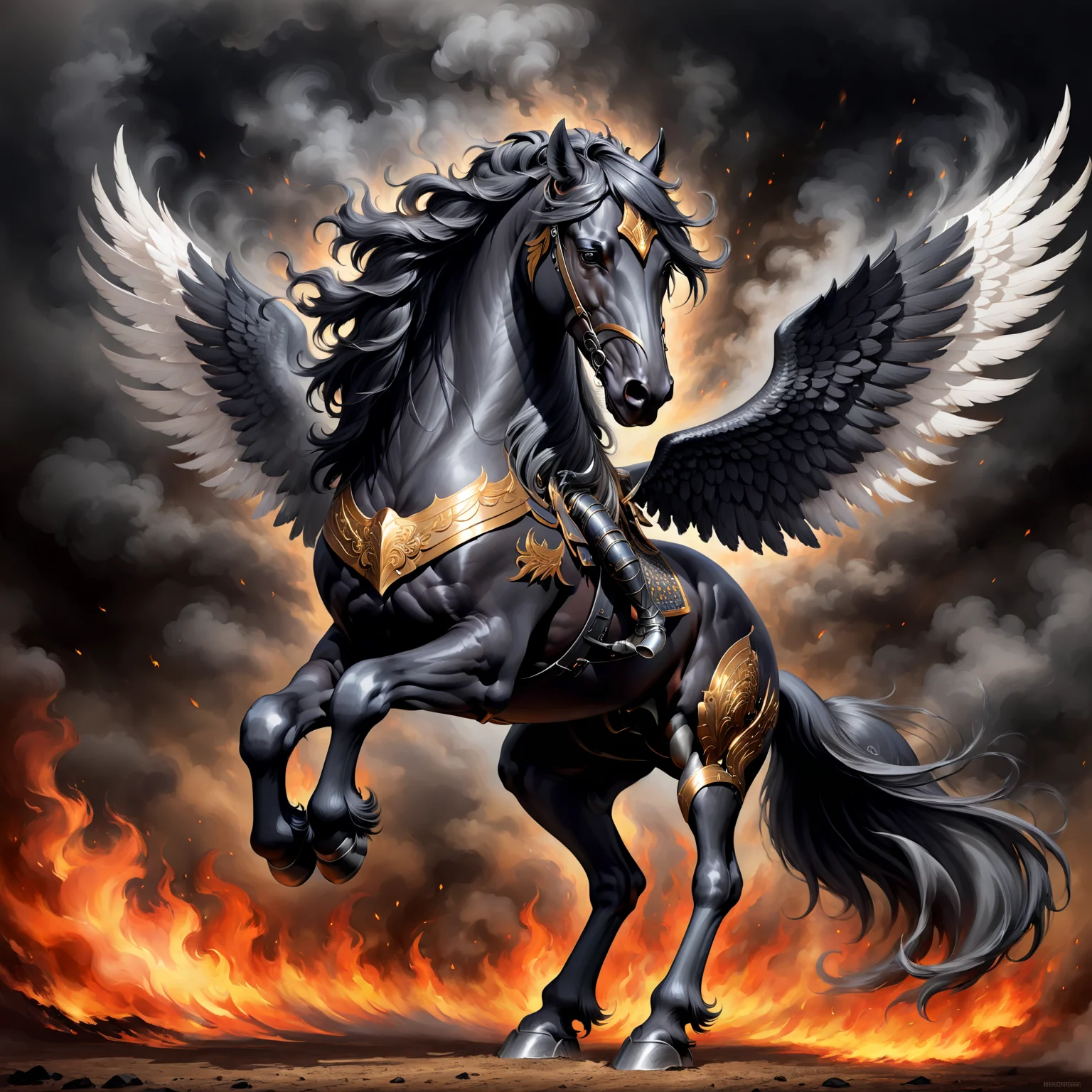 friesian horse, wearing armor, pegasus, wings, full body, fire, smoke, digital painting <lora:Horse_Breeds-000012:1>