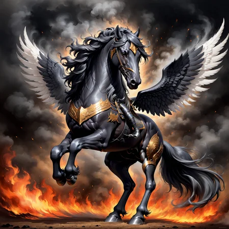 friesian horse, wearing armor, pegasus, wings, full body, fire, smoke, digital painting <lora:Horse_Breeds-000012:1>