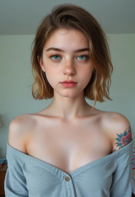 andrea, 1girl, solo, upper body, off shoulder, breast, arm tattoo, freckles