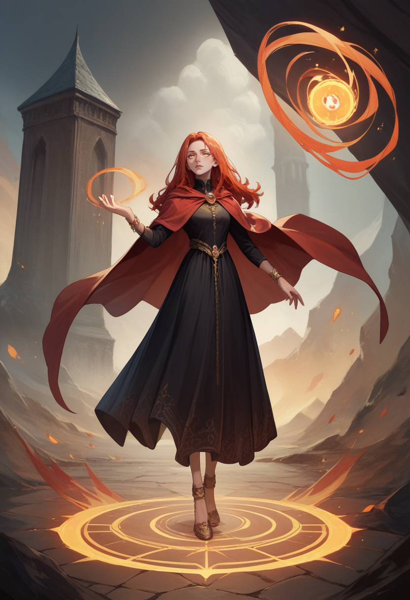 score_9, score_8_up, score_7_up, 1girl, LnrPrncssRnn, yellow eyes, long hair, red hair, cloak, jewelry, black dress, long sleeves, red cape, bracelet, <lora:RanniLunarPrincess_pdxl_Incrs_v1:1>, full body, magic,