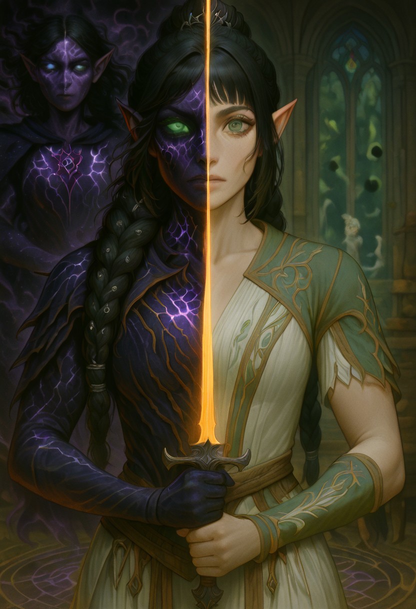 masterpiece, best quality, newest, absurdres, highres, 
DUSV1.0, split screen, split theme, dual persona, transformation, dark persona, holding sword, sword, holding weapon, holding, weapon,
1girl, shadowheart \(baldur's gate\), long braid, elf, pointy ears, black hair, braid, side bangs, green eyes,