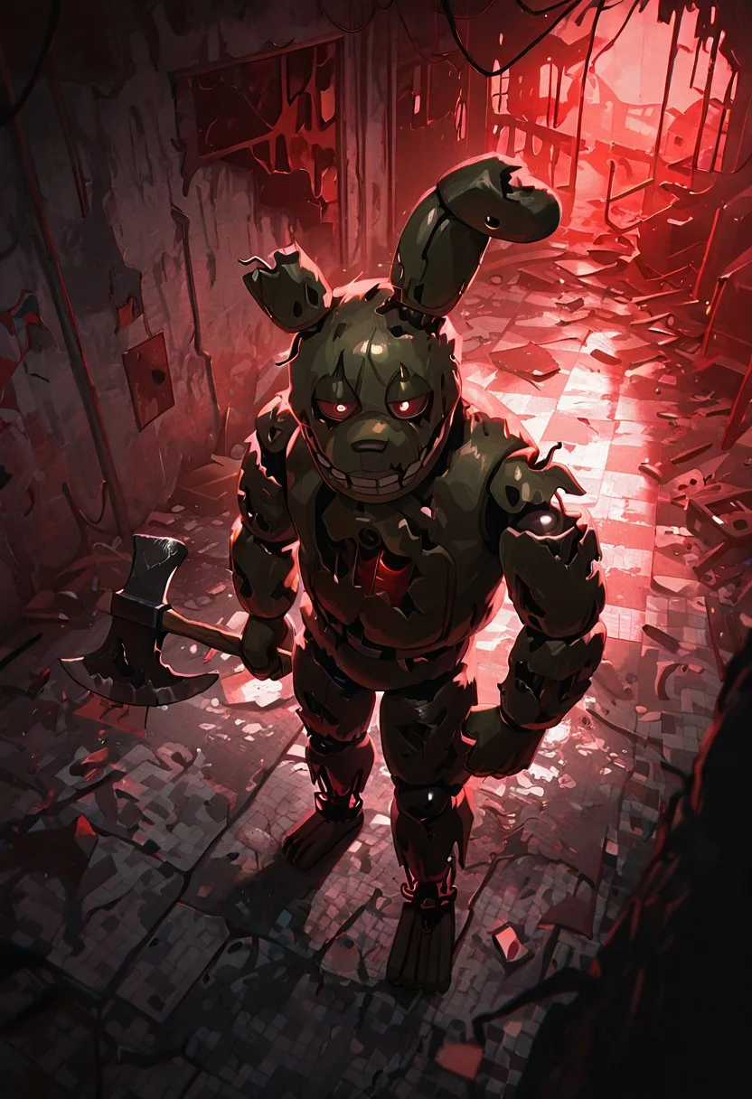 masterpiece, best quality, amazing quality, very aesthetic, absurdres, newest, detailed background, foreground blur,
,springtrap, robot, teeth, rabbit ears, mechanical parts, animatronic, green skin, round head, damaged
abandoned building, checkered walls, holding axe, grey walls, from above, red lighting,