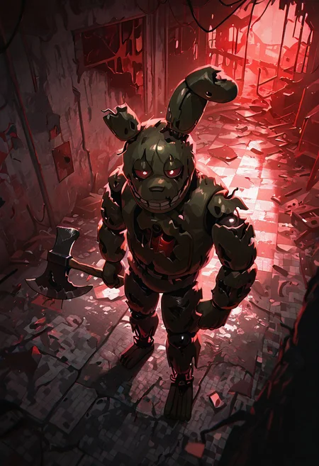 masterpiece, best quality, amazing quality, very aesthetic, absurdres, newest, detailed background, foreground blur,
,springtrap, robot, teeth, rabbit ears, mechanical parts, animatronic, green skin, round head, damaged
abandoned building, checkered walls, holding axe, grey walls, from above, red lighting,