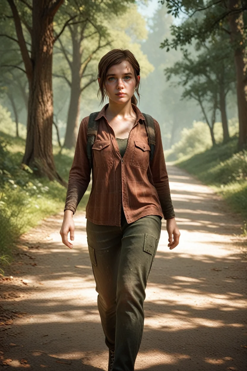 score_9, score_8_up, score_7_up, score_6_up
<lora:TLOUEllie:1.0>
TLOUEllie, 1girl, ponytail, brown hair, green eyes, looking at viewer, walking, countryside road lined with trees, late afternoon light casting long shadows, nostalgic and carefree vibe