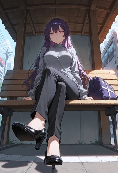 8k,best quality,masterpiece,(ultra-detailed),(high detailed skin),colorful, best quality, 2d, perfect anatomy, score_9, score_8_up, score_7_up, score_6_up, source_anime, rating_explicit, bored, purple hair, long hair, pink eyes, medium breast, black pants, gray sweater, black high heels, crossed legs, sports bag, street, sitting on bench, bus shelter, showing shoes, low angle view, view focused on shoes