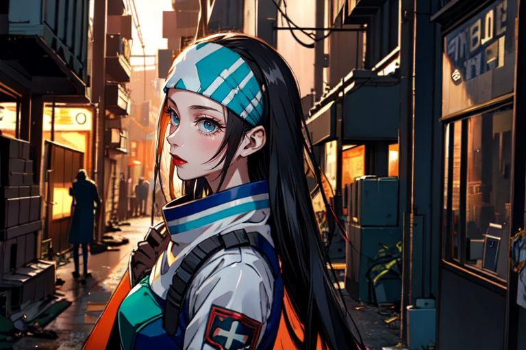 highly insanely detailed, masterpiece, top quality, best quality, highres, 4k, 8k, RAW photo, (very aesthetic, beautiful and aesthetic),  
beth_\(megami_tensei\),bethsmtii,shin megami tensei ii,long hair,black hair,straight hair,sleek black,jewelry,cross,headband,red_lipstick,Tokyo_Millennium,post-apocalyptic_city,dystopian_world,Order_of_Messiah,Religious_order,messianic_cult,divine_rulers,Millennium_News_Network,City_news,propaganda_broadcasts,information_contro, 
<lora:zs_Beth:0.8>, 
(1girl:1.3), 1other, 
dirty alley,(pure orange background,transparent background:1.2),âââ