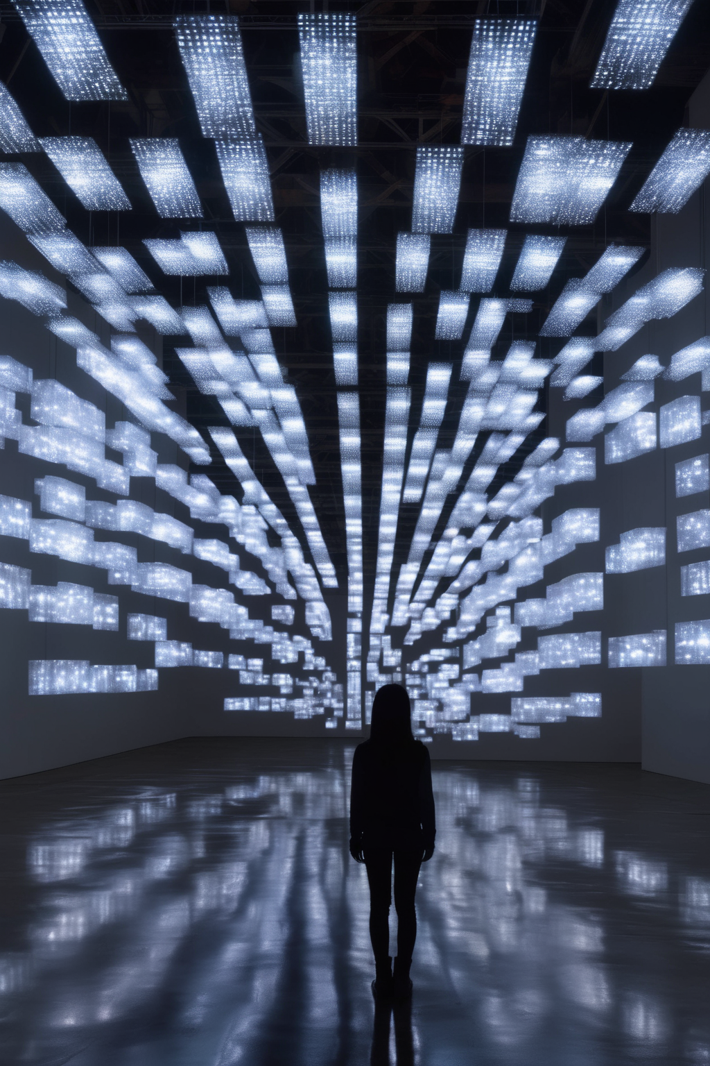 <lora:Ryoji Ikeda Style:1>Ryoji Ikeda Style - girl in the middle of a warehouse that is an art gallery, a space, an ikeda installation with leds, screens and mirrors 2015_globale_ryoji-ikeda_data-path.jpg