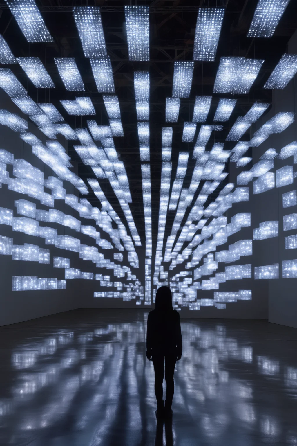 <lora:Ryoji Ikeda Style:1>Ryoji Ikeda Style - girl in the middle of a warehouse that is an art gallery, a space, an ikeda installation with leds, screens and mirrors 2015_globale_ryoji-ikeda_data-path.jpg