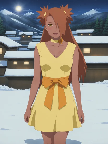 chocho akimichi, woman, chodress, alternate costume, dark skin, shy smile, (blush), submissive expression, yellow dress, butterfly choker, orange obi, orange bow, sandals, flowing hair, wind, stands outside in the snow, snow, winter, snow is falling, blizzard, it's light outside, no sun, cloudy, <lora:add-detail-xl:1>, <lora:Chocho_Akimichi_sdxl_v2:1>,