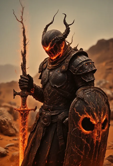 Evil Extreme helmet Closeup of a Action Scene shot of a dark, menacing towering mechanical hkstyle knight in the heat of an intense, action-packed battle, captured with the gritty realism of an old analog camera. The hkstyle knight's intricately designed, battle-worn helmet reflects the eerie magical, ethereal glow of his weapon—a massive, twisted sword. The blade crackles with dark energy, gathering ominously at its tip, where a glowing orb of dark red and translucent Amber light pulses with immense, destructive power. The energy radiates along the length of the blade, casting a sinister glow that illuminates the knight’s helmet and armor, creating stark contrasts between light and deep shadows.
In his other hand, the knight wields a terrifying shield, adorned with jagged, twisted patterns and a ghastly visage that seems to stare into the souls of his enemies. The shield emanates a sense of foreboding, as if cursed by dark magic, adding to the overall terror of his presence. The glow from the sword throws the intricate details of the shield into sharp relief, casting long shadows that flicker across the Lone Desert scenery battlefield amidst dunes