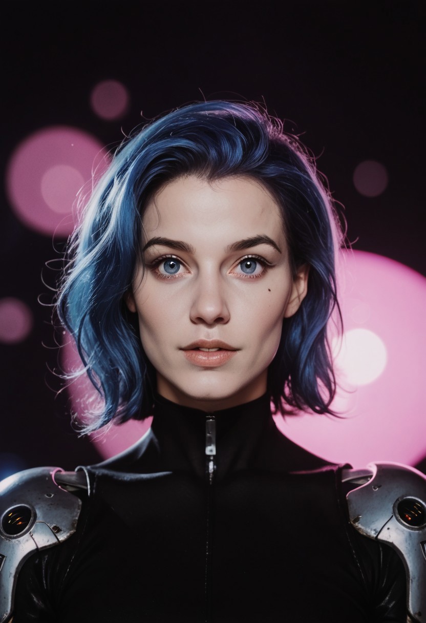 Score_9, score_8_up, score_7_up, cyborg, ar3na1989, Kodak Motion Picture Film Style, looking at viewer, bignoselady, large nose, aquiline, (nose bump), 1girl, blue hair, (neon purple light), pop singer, (bokeh), sci-fi, dark atmosphere, moody, aesthetic,
