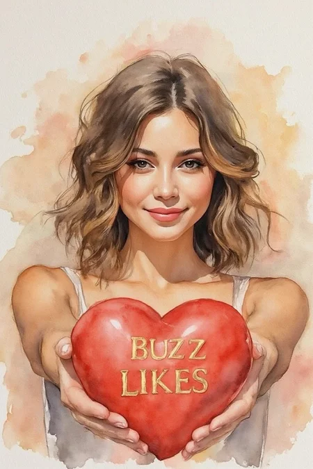 Blurred background with pasterl colors. Half length watercolor of a young woman with shoulder length wavy dark hair with side parted bangs, her head slightly tilted downward as she looks directly at the viewer with a warm smile,Wcol style,. She is holding a huge red heart with both hands at arms length to the viewer with the gold text 'BUZZ OR LIKES'.SIGNATURE ART