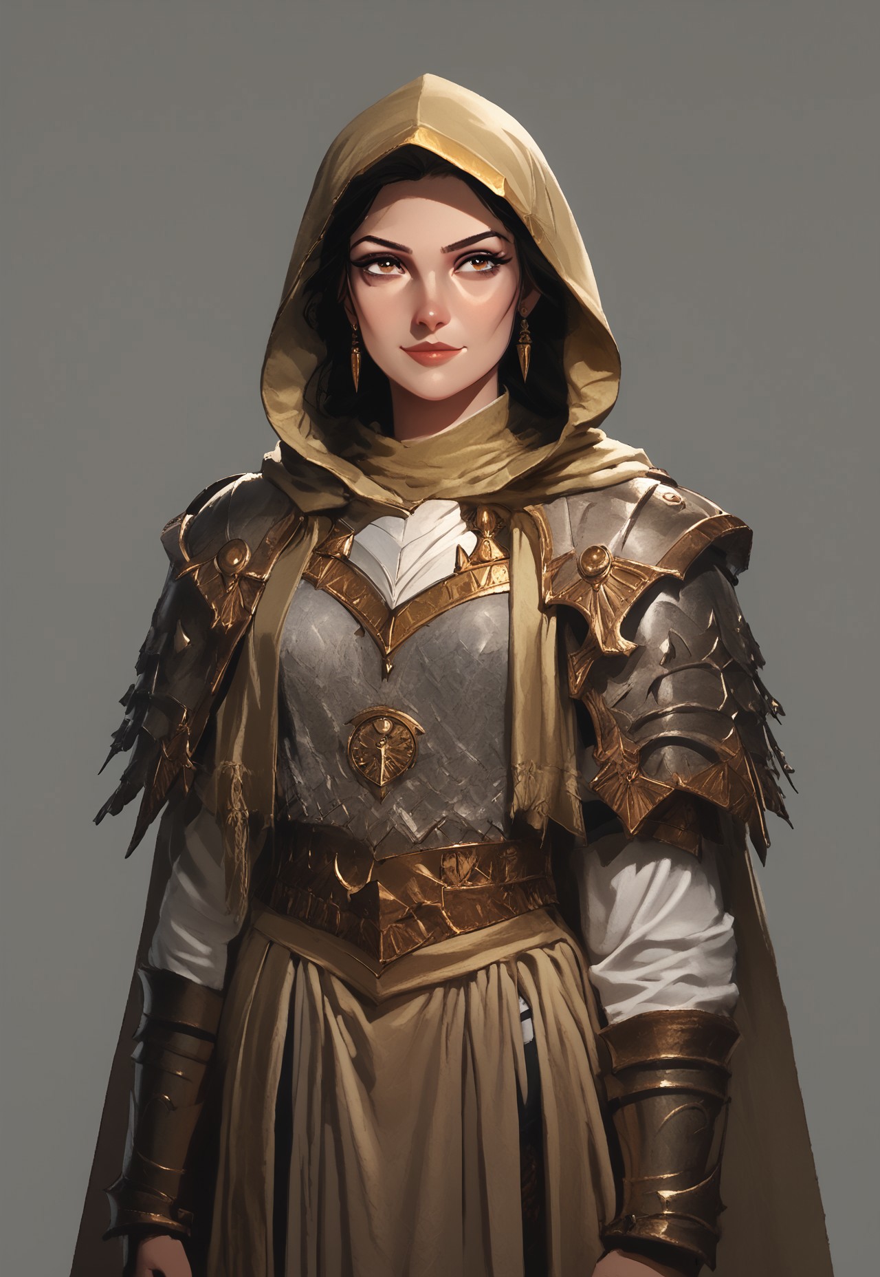 safe_pos, safe_pos, (gray background:1.5), (no objects in background), simple background, standing, cowboy shot,
BREAK (1girl, solo, <lora:ELSPETH:1>, hood, cape, armor, breastplate, black hair, jewellery, brown eyes, , sexy smirk, come hither), score_9, score_8_up, score_7_up, score_6_up, 