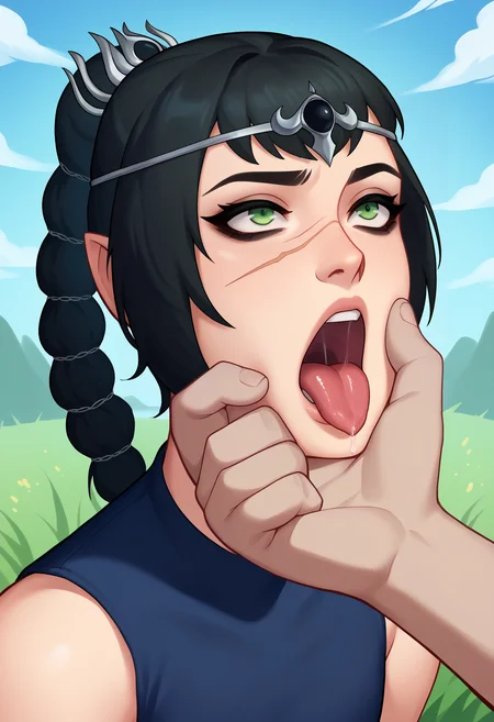 score_9, score_8_up, 
chin grab,
1girl, solo, shadowheart, black hair, braided ponytail, green eyes, scar on face, circlet, 
open mouth, saliva, tongue,
BREAK
3boys,
outdoors, grass, blue sky, meadow background
 <lora:VillainousFaceHoldXLv2:1>  <lora:ShadowHeartXL:1>