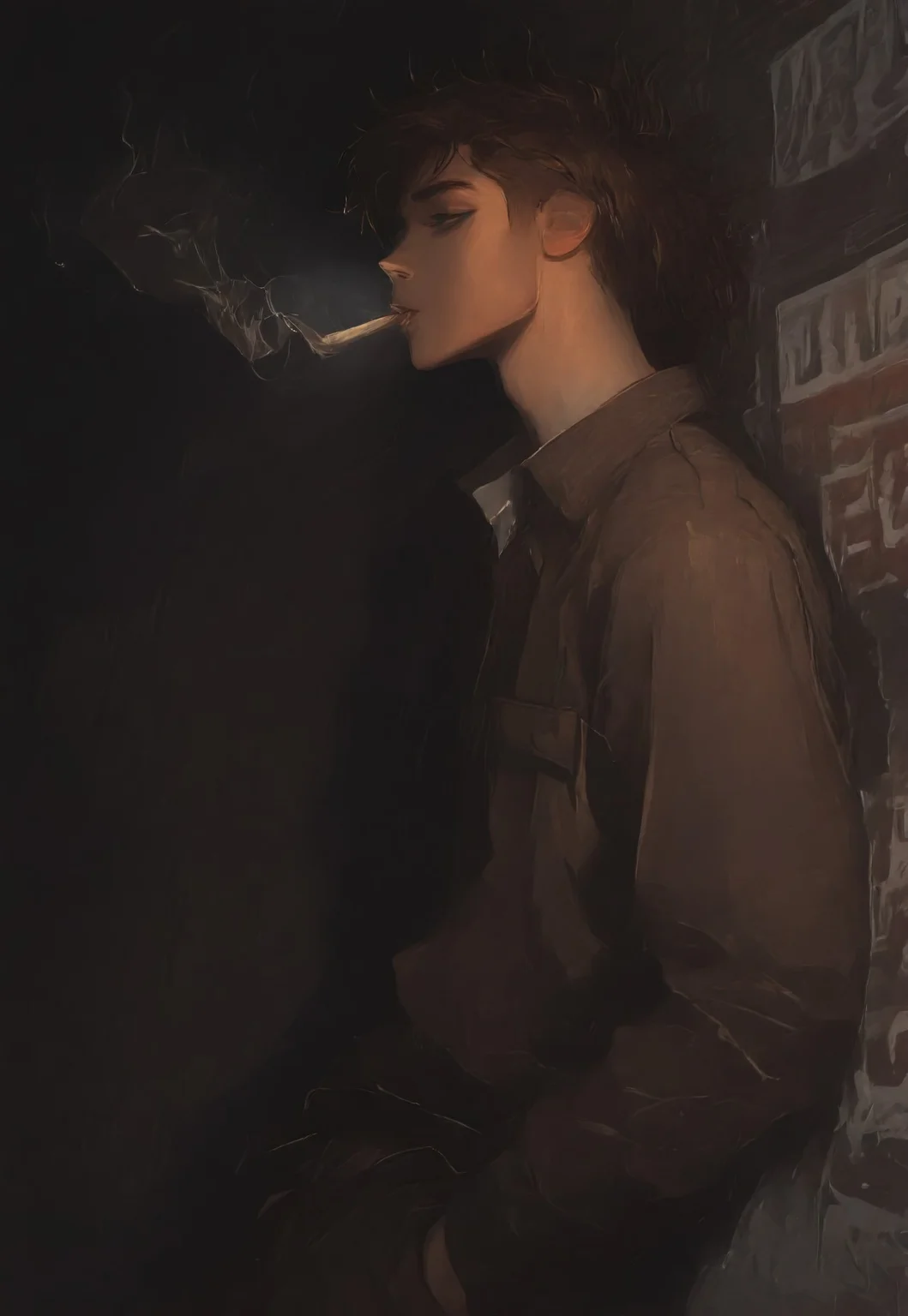 1boy. handsome, messy hair, brown hair, brown eyes.
leaning against wall, hands in pockets. smoking cigarette, blowing smoke up, head tilted back.
directional lighting. dark background. run down city, graffiti.