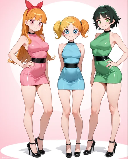 masterpiece, best quality, 3girls, (Buttercup (Powerpuff girls), black hair, short hair, green eyes, green dress), (Bubbles (Powerpuff girls), blonde hair, pigtails, blue eyes, blue dress), (Blossom (Powerpuff girls), orange hair, long hair, pink eyes, pink dress), looking at viewer, breasts, standing, full body, smile, bodycon dress, bare shoulders, bare arms, breasts, hands behind back, hand on hip, <lora:Aged_up_Powerpuff_Girls:1>
