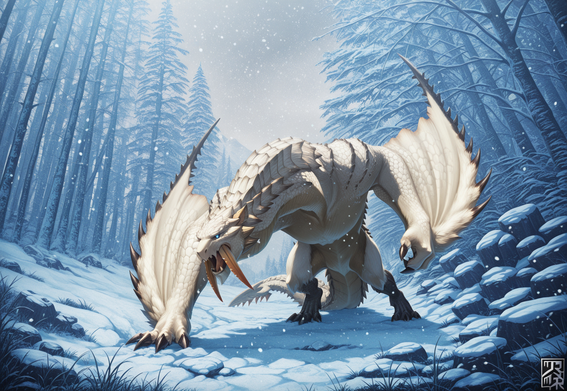 Graphic Design, color art, vibrant colors, colorful, intricate details, high contrast, detailed background, beautiful detailed, beautiful face, detailed eyes, detailed face, new, b4r10th, dragon, blue eyes, white scales, sharp teeth, fangs, claws, wings, winged arms, tail, no humans, nature, winter, snow, rock, snowing, dynamic pose, outdoors, grass, open mouth, teeth, (masterpiece, best quality, newest, recent, absurdres),