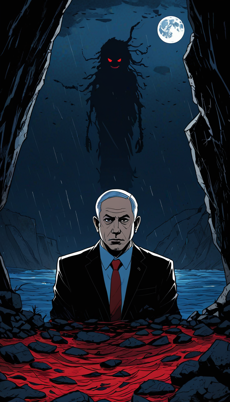 linquivera, liiv1, Ink illustration, anime, blue and red tones, aged black red paper, inkpunk, underwater, Benjamin Netanyahu, sharp teeth, dark, gloomy atmosphere, ominous silhouette, cracked rocks, shadow of Benjamin Netanyahu, shadowy, oppressive, dark red eyes, moonlit, lonely, solitude, highly detailed, UHD, long exposure, chilling silence, sinister presence, heavy