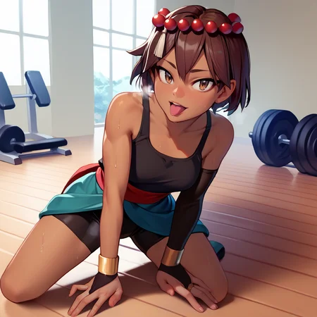 <lora:ajna:1>,1girl,solo,ajna,dark-skinned female,brown hair,brown eyes,short hair,bob cut,hair beads,hair ornament,black tank top,red sash,aqua skirt,bridal gauntlets,bracelet,bike shorts,
indoors,gym,
cowboy shot,steaming body,planking,on floor,push-ups,looking at viewer,open mouth,heavy breathing,tongue out,sweat,, score_9, score_8_up, score_7_up, perfect anatomy, source_anime, zPDXL2,