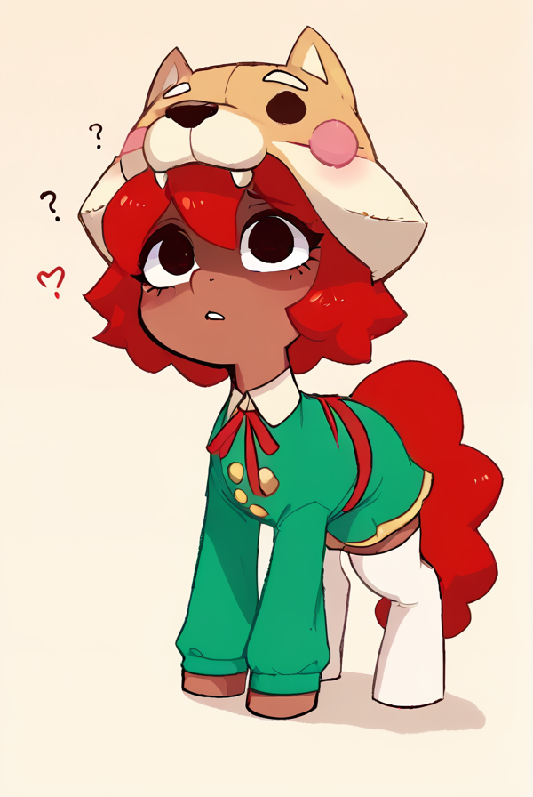 score_9, score_8_up, score_7_up,  <lora:shinita:1> shinita  , 1 girl , dark-skinned female,  red hair,  no pupils,  green dress, long sleeves, white thighhighs,   red ribbon, shaded face,  ,dog headwear  , confused, looking at viewer, randoseru,  heart,   <lora:SyrupyyyArt:1>syrupyyy   (horse girl, pony female , pony:1.1) ,all fours,