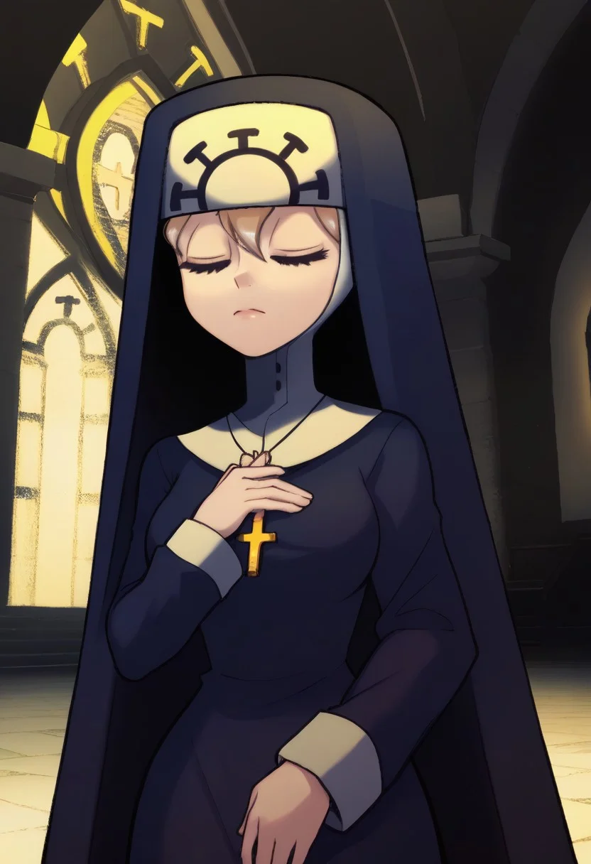 Double,closed eyes,
standing,hand on own chest,
blue habit,cross necklace,long sleeves,nun,
church,<lora:Double:0.8>,
Cinematic Lighting,
