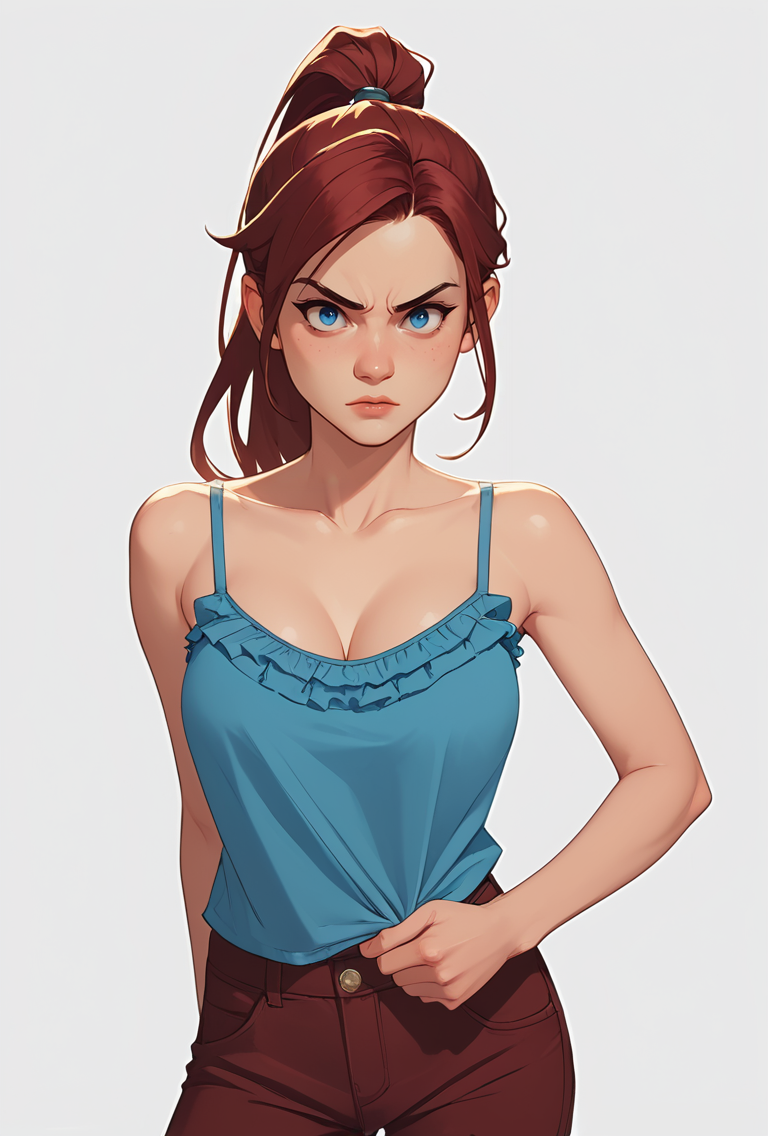 core_9, score_8_up, score_7_up,1girl,youngh, european, burgundy high ponytail hair, blue eyes, rage face,  dainty body, enormous breasts, dressed with mars black  strappy camisole and   ruffled hem pants,   high-contrast lighting, ,