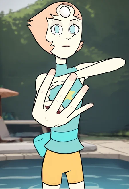 score_9, score_8_up, score_8,    
 <lora:Holding_Up_4_Fingers:0.7> holding up 4 fingers, 4f1ng3rs, pose
outdoors, swimming pool,     <lora:Pearl_Steven_Universe_COMMISSION:0.8> peach hair, pearl, 1girl, forehead jewel, short hair, solo, sleeveless, shorts, blue eyes, star (symbol)