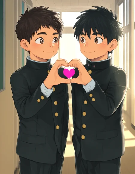masterpiece, best quality, shounenzoom-style, 2020s, indoors, school hallway, sunlight, cowboy shot, 2boys, brown hair, black hair, brown eyes, black hair, school uniform, gakuran, black pants, heart hands, blush, smile, eye contact <lora:shounen_zoom-naixl_vpred-v7Nd-ShoAI:1>