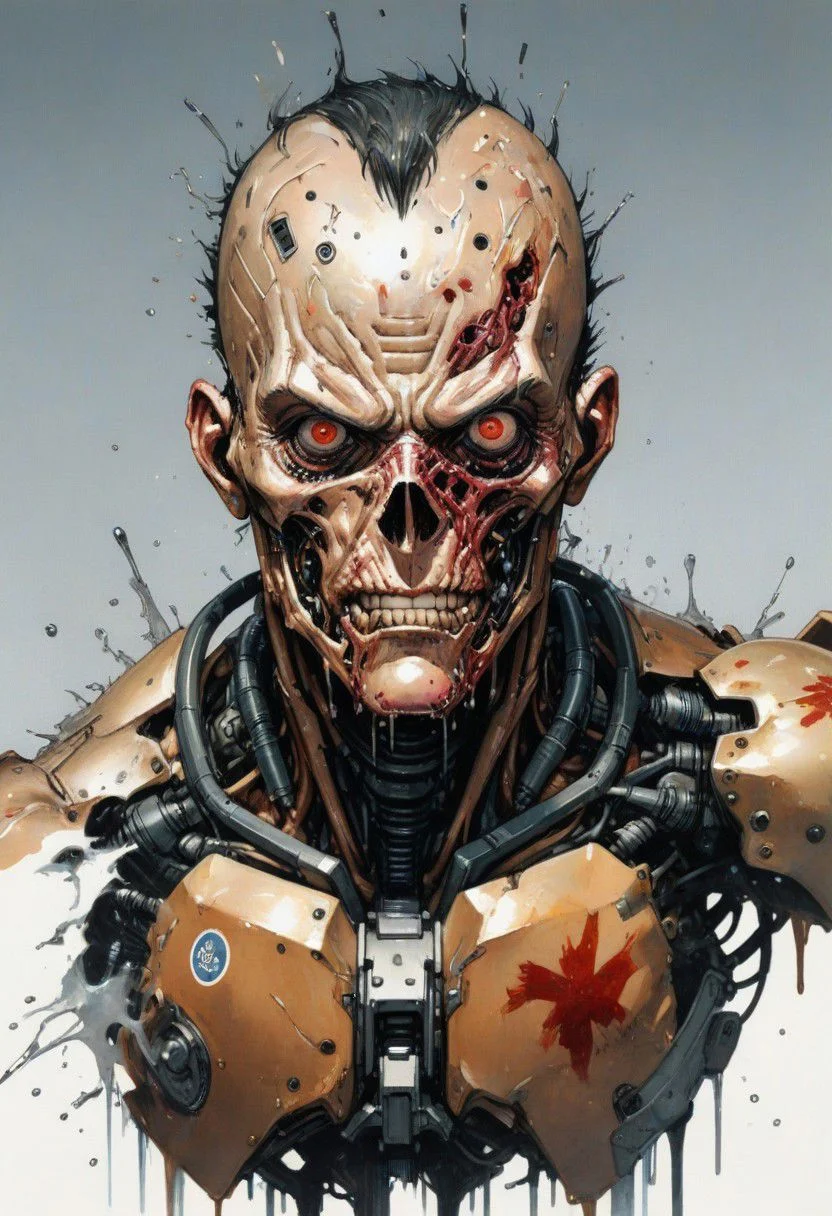 A masterpiece by Norman Rockwell and Yoji Shinkawa, a visceral st1cky c4r4 stylized gore portrait of a cyborg Warlord, extremely high definition high resolution 8k UHD oil on canvas splashing wet unreal engine 5 masterpiece of insane quality. akira style