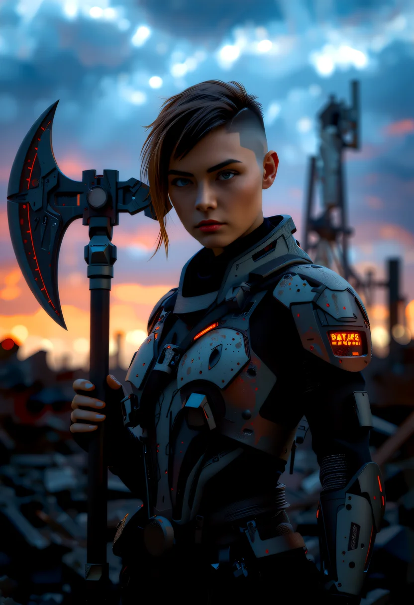 As the twilight's dim light casts an ethereal glow, a vikingpunk warrior stands proudly amidst the post-apocalyptic ruins, her advanced exosuit emitting bioluminescent electricity. Her undercut hair with shaved sides, framing her determined expression heterochromia eyes with one mechanical dimly lit eye and one natural eye, full of purpose. She wields a futuristic battleaxe, its edge shimmering with power, prepared for any trial. The desolate landscape, marked by rust and wear and heavy patina of her exosuit and weapon, becomes a stage for her resilience. The exosuit, covering her torso and legs, showcases a blend of ancient Viking culture and futuristic technology, leaving a lasting impression of strength and adaptability in this harsh, Nordic-inspired world. aidmaimageupgrader, <lora:flux/Realism 2>, <lora:fantasy_portrait_by_cosmic>,