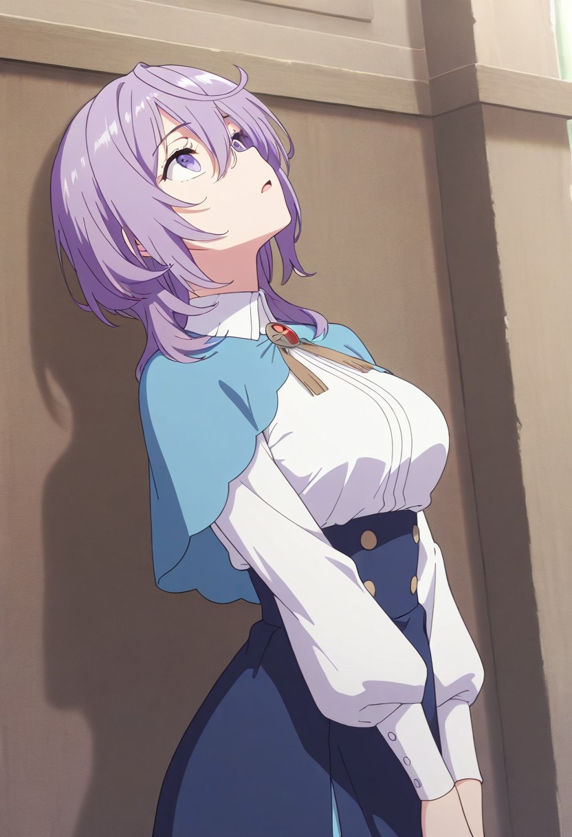 masterpiece,best quality,amazing quality, philia parnacorta, purple hair, purple eyes, 1girl, solo, skirt, shirt, white shirt, capelet, long sleeves, blue skirt, high-waist skirt, looking up