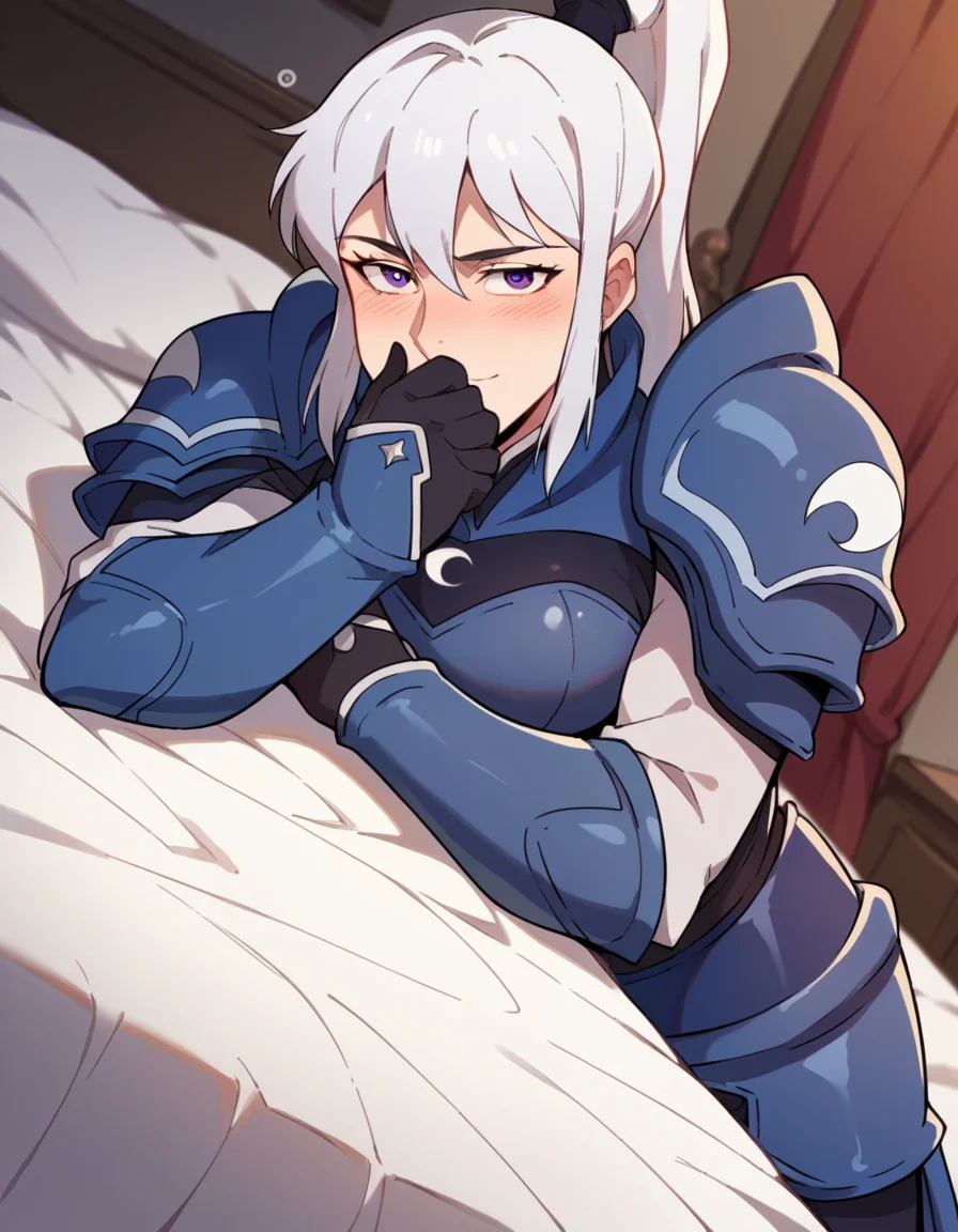 score_9, score_8_up, score_7_up, source_anime, <lora:dota-luna-anime-ponyxl-lora-nochekaiser:1>, luna, ponytail, white hair, purple eyes,, armor, dress, shoulder armor, high collar,, indoors, bed, bed room, on side, blush, drunk,, smile, looking at viewer, hand covering mouth, solo,, cowboy shot, dutch angle