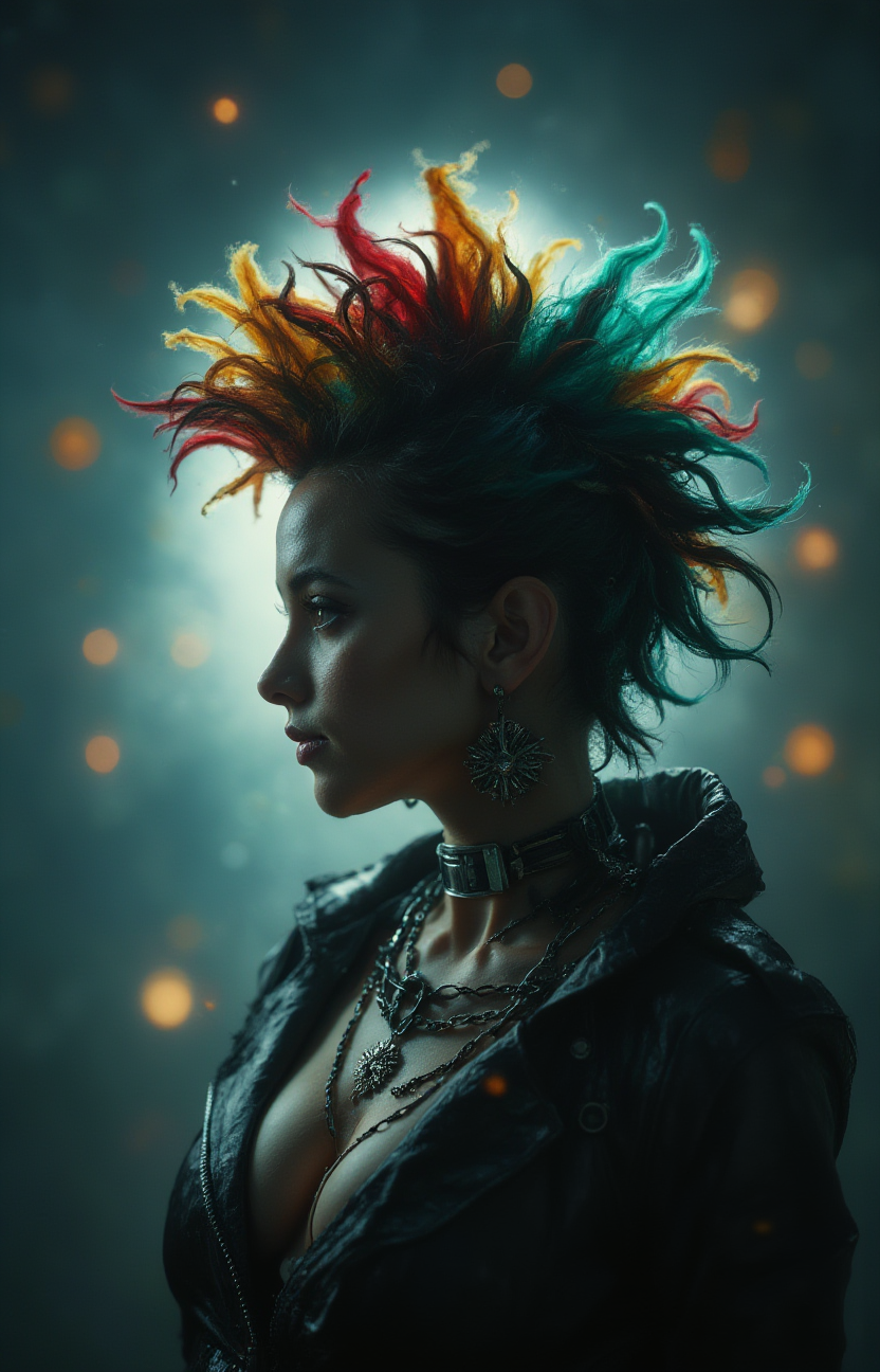 panopticon of strange darkness,  profile angled female punk with a colorful mohawk , welcome to a circus obscure, foreboding shadows, <lora:- Flux1 - soothing_atmo_V2.0:.7>