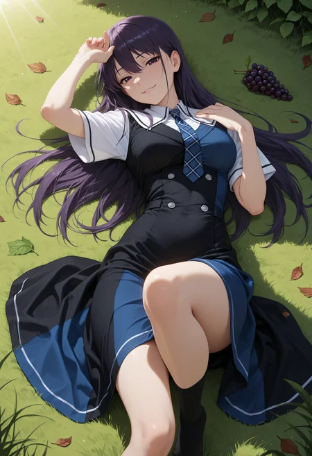 <lora:Char_SakakiYumiko:1>, purple hair, long hair, straight hair, purple eyes, hair between eyes, hair behind ears, 
solo, Yum1Sch, long dress, blue dress, black dress, plaid necktie, two-tone dress, double-breasted, short sleeves, white sailor collar, white sleeves, black socks
looking at viewer, sunlight, lying, on back, shade, dangling grapes, seductive smile, grass, fallen leaves, leg up, very awa, masterpiece, best quality, highres, absurdres