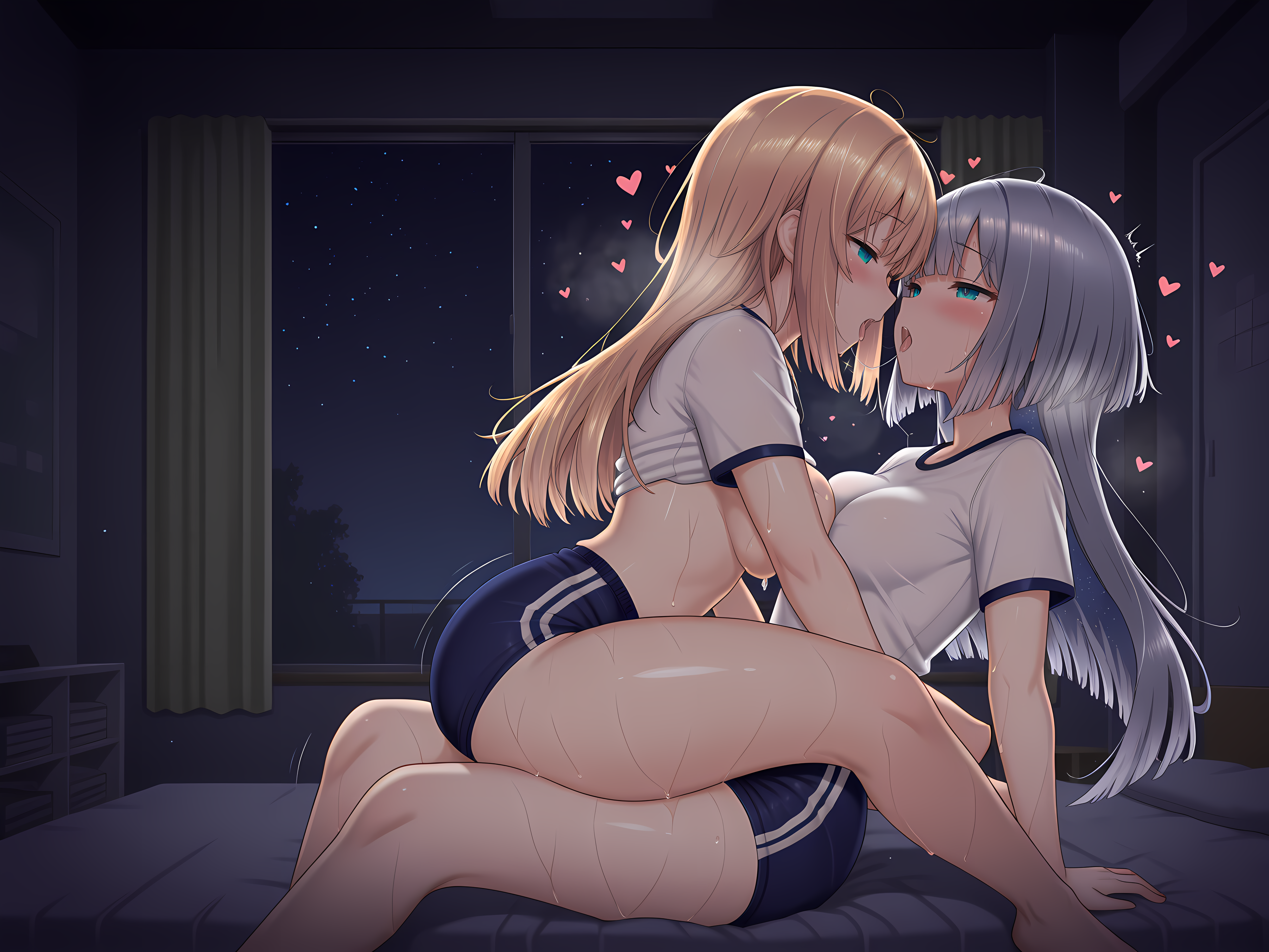 <lora:1:0.85>,celesphonia,selenoxia,shimo,school outfit,indoors,medium breasts,girl on top,gym outfit,blush,bedroom,night,sparkle,heart,2girls,multiple girls,symmetrical docking,sweat,saliva,saliva trail,after kiss,partially undressed,sitting,sitting on person,leg lock,, masterpiece,best quality,amazing quality,