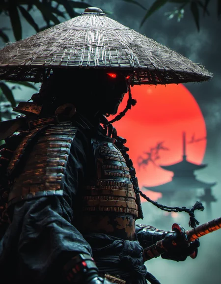 hyper detailed, 4k, masterpiece, samurai robot warrior, wearing large traditional straw hat, glowing red eyes, dark silhouette, detailed armor with technological elements, flowing tan and black robes, holding a katana, red sun setting in background, silhouette of bamboo plants, smoky misty environment