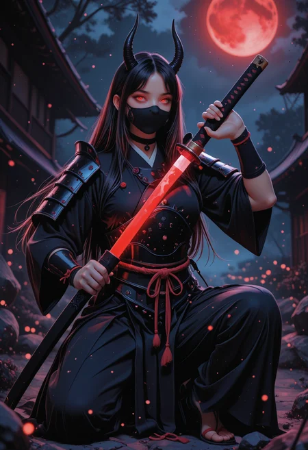 masterpiece, best quality, high detailed, high contrast, volumetric lighting, light rays, light particles, bokeh, dtlys, hyper-detailed eyes, shiny iris, intricate pupils, ultra-sharp gaze, soft reflections, full body,
1girl, samurai, japanese armor, short horns, black horns, red glowing eyes, tsurime, mouth mask, katana, fighting stance, arm support, unsheathing,
dark, night, red moon, moonlit, moonlight, red glow