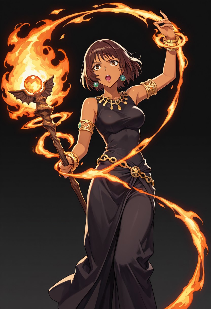 score_9,score_8_up,score_7_up,source_anime,5_figner,2d_animation,game cg,BREAK,1girl,solo,Milene,
short hair,brown eyes,brown hair,dark skin,lipstick,
bare shoulders,necklace,jewelry,armlet,staff,bracelet,long skirt,
medium breasts,openmouth,
black background,magical fire effect,spell,
masterpiece,best qualit,ultra-detailed,illustration,an extremely delicate and beautiful,beautiful detailed eyes,unity 8k wallpaper,high resolution,anime CG,official_art,