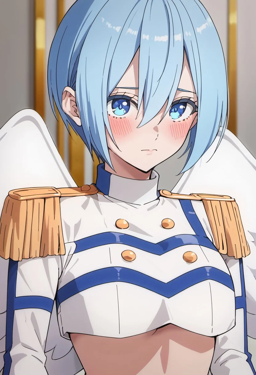 score_9, score_8_up, score_7_up, source_anime,nonoa, short hair, blue eyes, blue hair, 1girl, solo, wings, crop top, closed mouth, hair between eyes, epaulettes, upper body, underboob, angel wings, angel, blush