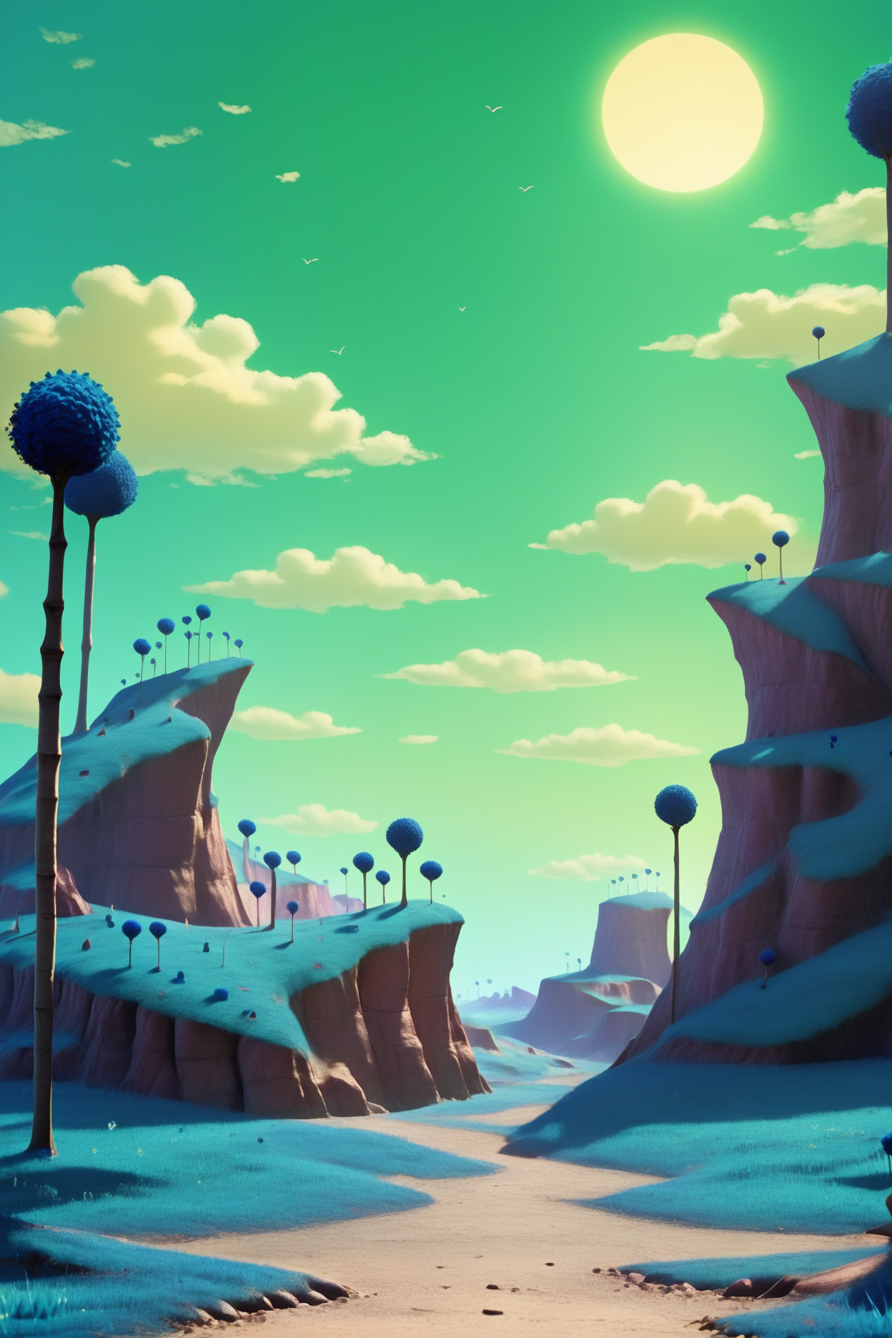 score_9, score_8_up, score_7_up, score_6_up,3d,namek, no humans, scenery, outdoors,detailed, green sky, cloud, blue grass, tree, day,sun, plateau,   <lora:NamekPony:1>