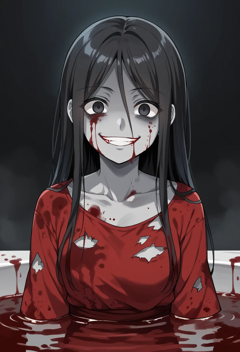 masterpiece, best quality, uncensored, source_anime, score_9, score_8_up, score_7_up, score_6_up, score_5_up, score_4_up, 1girl, solo, sachiko shinozaki, colored skin, grey skin. long hair, black hair, black eyes, red dress, torn clothes, yandere, evil smile, blood, blood on face, blood on clothes, blood on body, pond of blood,Reflections,bloody tears,Blood Bath,reflected in pond,reflected in blood,Dark room, <lora:SachikoShinozaki:0.8>