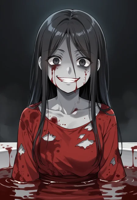 masterpiece, best quality, uncensored, source_anime, score_9, score_8_up, score_7_up, score_6_up, score_5_up, score_4_up, 1girl, solo, sachiko shinozaki, colored skin, grey skin. long hair, black hair, black eyes, red dress, torn clothes, yandere, evil smile, blood, blood on face, blood on clothes, blood on body, pond of blood,Reflections,bloody tears,Blood Bath,reflected in pond,reflected in blood,Dark room, <lora:SachikoShinozaki:0.8>