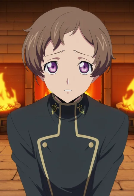 masterpiece, best quality, , anime screencap, anime coloring, , looking at viewer, 1boy, solo, male focus, <lora:rolo_lamperouge_ilxl:0.98>, rolo_lamperouge, brown hair, purple eyes, short hair, aged up, ashford academy school uniform, ancient forge, stone furnace, tool racks, work area, smithing pose, focused expression, fire light,
