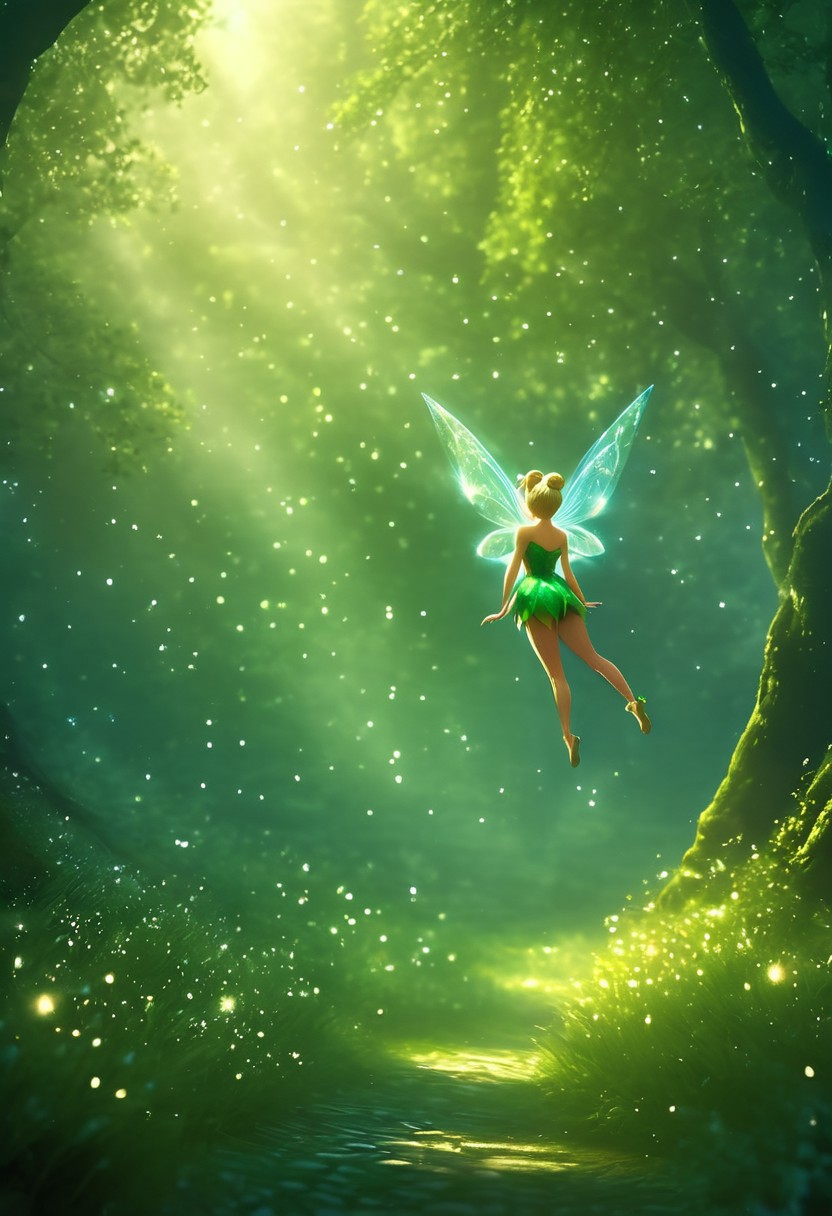 score_9, score_8_up, score_7_up, absurd-res, high-res, masterpiece, best quality, amazing quality, ((realistic)), 1girl, Tinker Bell, full-body portrait, hovering in mid-air with a sexy and seductive pose, head tilted slightly with a mischievous smirk, sparkling blue eyes making direct eye contact, delicate translucent fairy wings glowing with golden light, wearing her skin tight classic short green leaf dress, elegant bare shoulders, toned legs, toned arms, toned abbs, small perfect perky breasts, soft golden skin with a gentle shimmer, blonde hair in a stylish bun with loose strands framing her face, surrounded by glowing pixie dust, forest background with magical lighting, vibrant glowing plants and flowers, sexy and seductive atmosphere, cinematic lighting, ultra detailed textures, soft focus background, fantasy illustration style, 4K resolution, high detail, sensual but tasteful, confident and feminine energy dynamic angle, dynamic pose, hdr, sparkles, light particles, volumetric lighting, dark background <lora:More_interesting_backgrounds:1>  <lora:Tinkerbell_-_Disney_Illustrious:1>